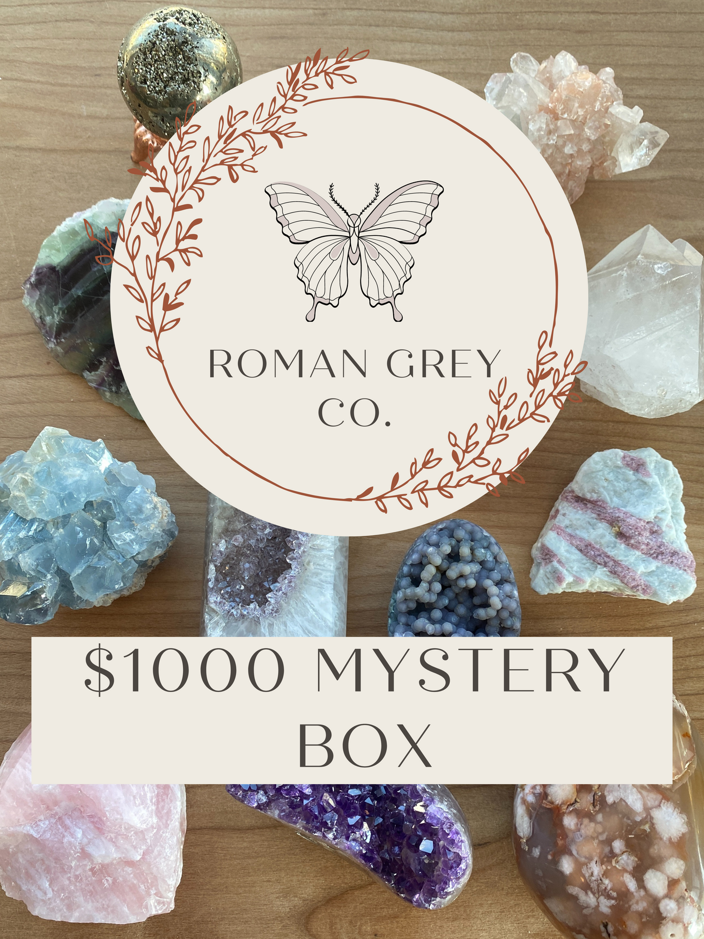 Roman grey co crystal mystery box, front view