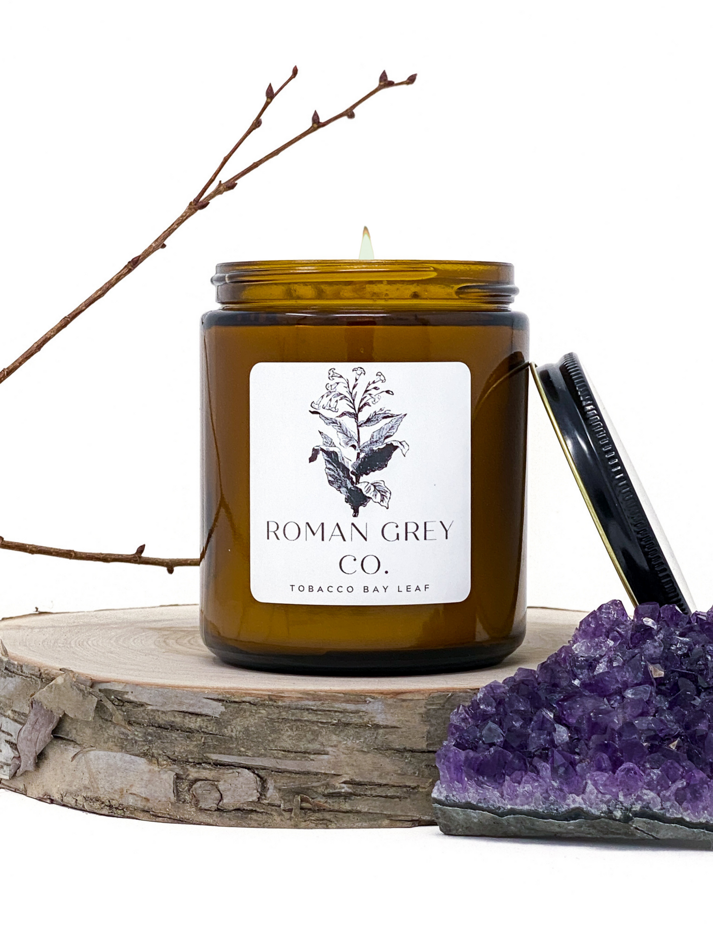 Roman grey co tobacco bay leaf soy candle, front view