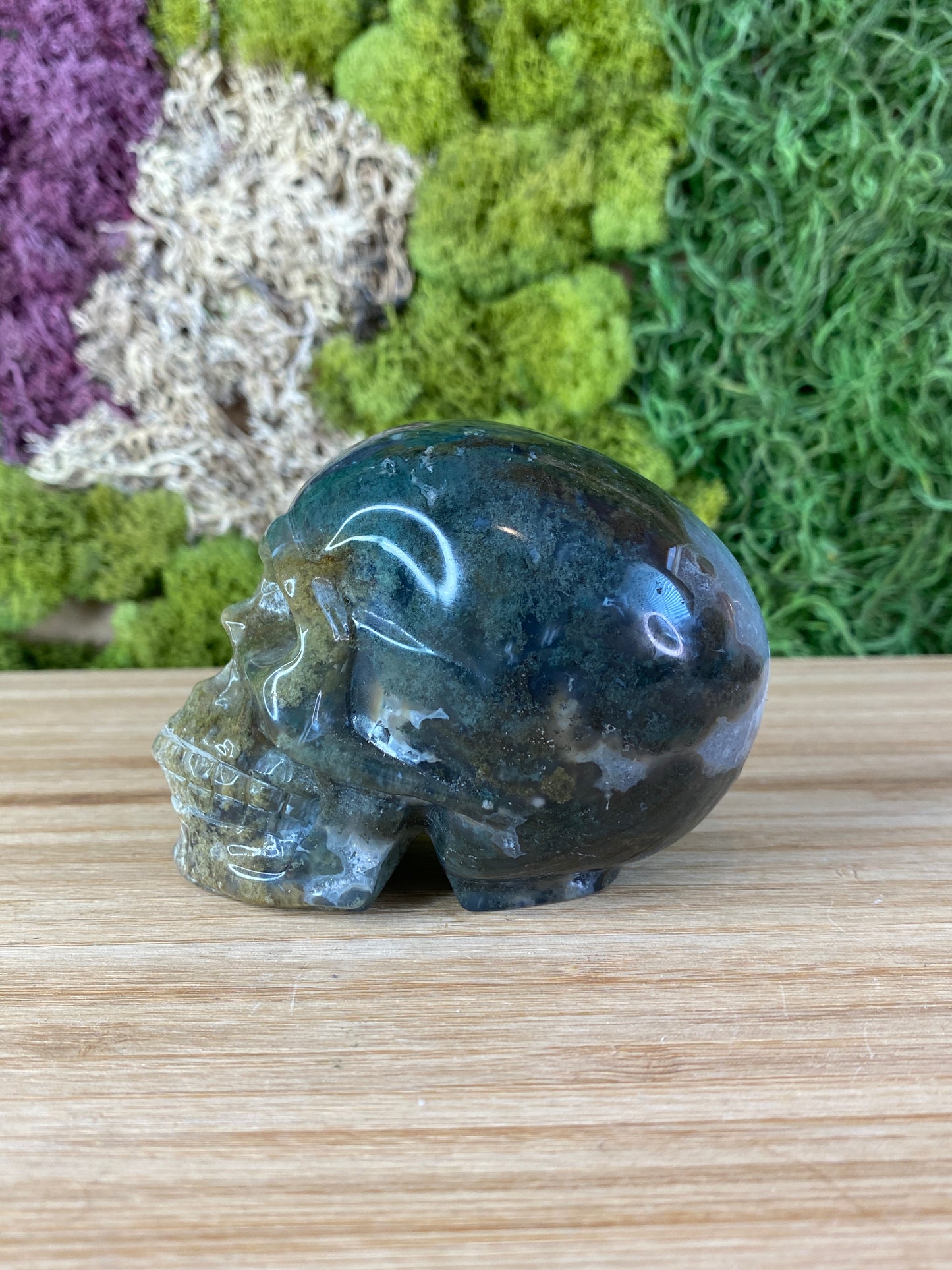 MOSS AGATE SKULL WITH DRUZY
