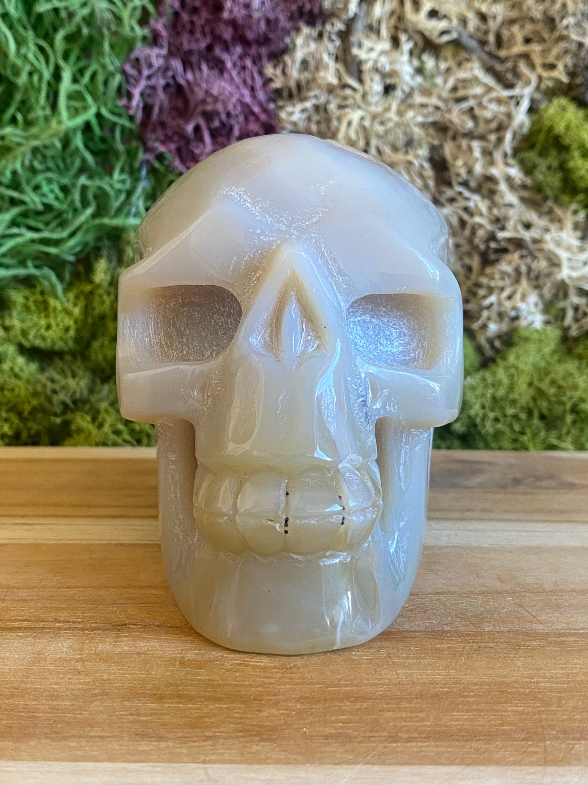 Roman grey co agate skull, front view